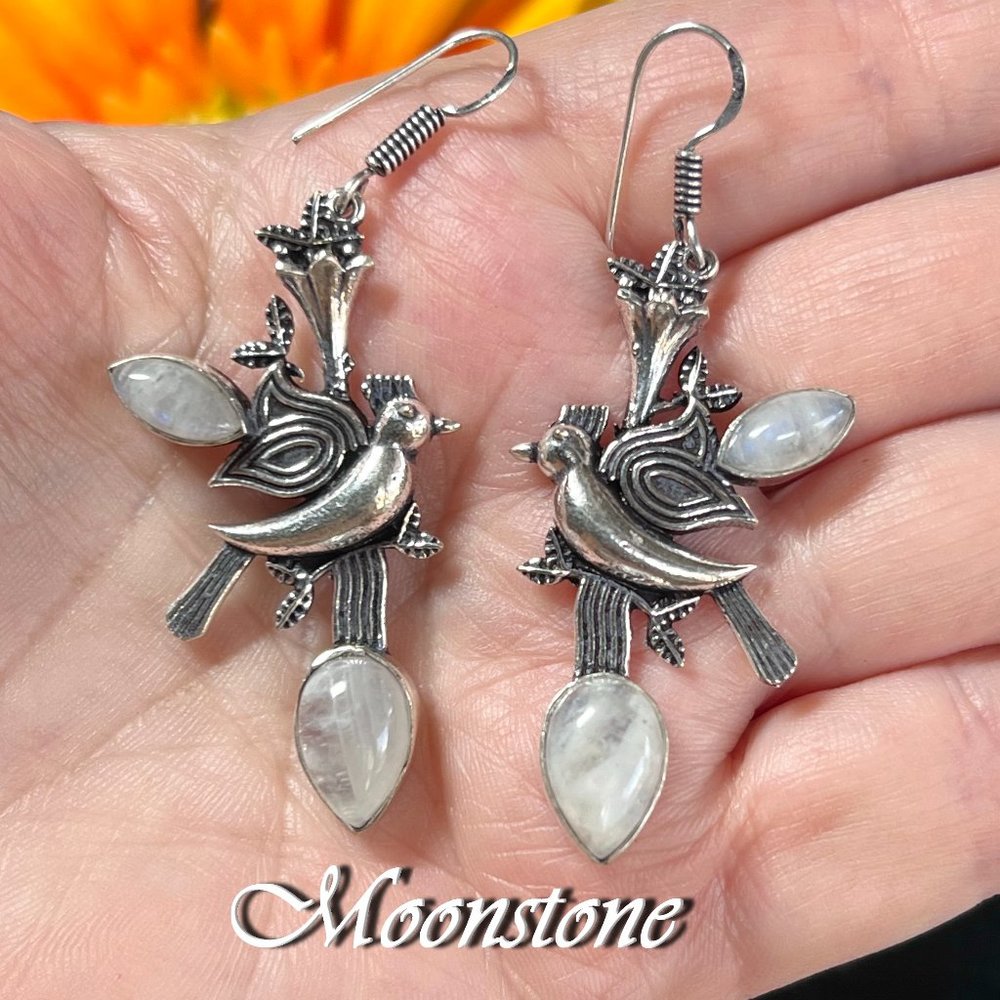 Rainbow Moonstone Earrings Long Handmade Gemstone Crystal 925 Silver Bohemian - Picture 9 of 9